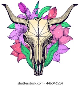 Bull skull on a background of lilies, vintage color engraving