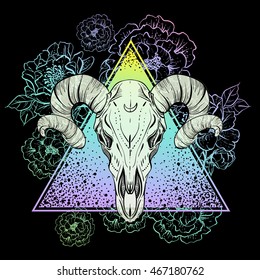 Bull skull on triangle with peony flower. Tattoo design. Vector illustration isolated on black. Mystic symbol, dark romance, astronomy. Boho design. Print, tattoo design, t-shirts and textiles.