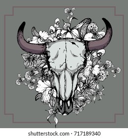 Bull skull with orchid flower,hand drawing