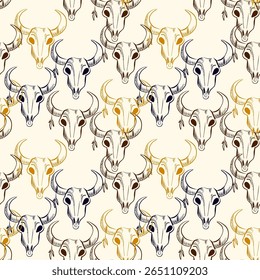 Bull skull pattern design with detailed illustrations and earthy colors on a light background