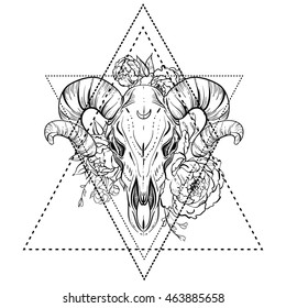 Bull skull with peony flower. Blackwork tattoo flash. Vector illustration isolated on white. Mystic symbol, dark romance, astronomy. Boho design. Print, posters, tattoo design, t-shirts and textiles.