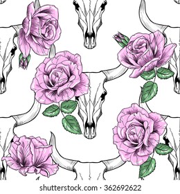 Bull skull and pink roses. Vector seamless pattern