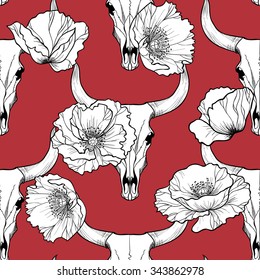 Bull skull and poppy flowers on  a red background vector seamless pattern