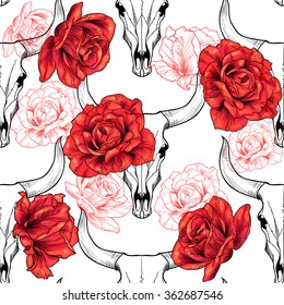Bull skull and red roses. Vector seamless pattern