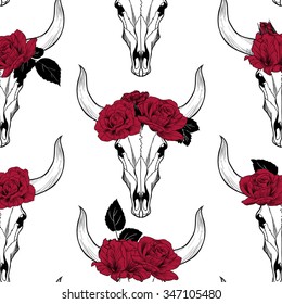 Bull skull and rose on  a white  background vector seamless pattern