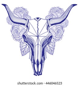 Bull Skull And Roses Drawing Pen, Isolated On White