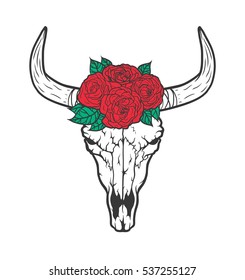 Bull skull with roses native Americans tribal style. Dotted Tattoo blackwork. Vector hand drawn illustration. Boho design