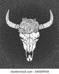 Bull skull with roses native Americans tribal style. Dotted Tattoo blackwork. Vector retro hand drawn illustration. Boho design