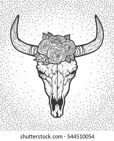 Bull skull with roses native Americans tribal style. Dotted Tattoo blackwork. Vector retro hand drawn illustration. Boho design