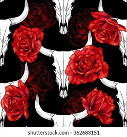 Bull skull and roses on black background. Vector seamless pattern
