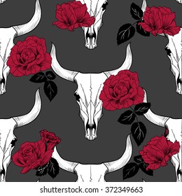 Bull skull and roses on a gray background.  Vector seamless pattern