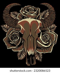 bull skull with roses on her head on black background