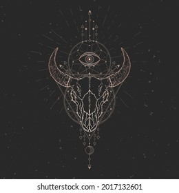 Bull skull and Sacred geometric symbol on black vintage background. Abstract mystic sign. Gold linear shape.