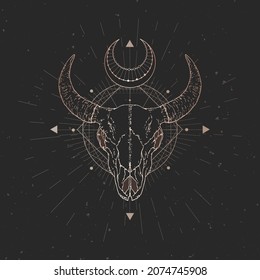 Bull skull and Sacred geometric symbol on black vintage background. Abstract mystic sign. Gold linear shape. 