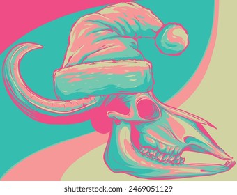 bull skull and Santa hat on white background