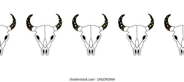 Bull skull seamless vector pattern. Cow skull repeating horizontal pattern line art Shull with gold foil star texture. Use for Boho style decor, cards, fabric trim, footer, header, Wild West cowboy.