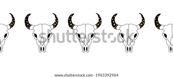 Bull skull seamless vector pattern. Cow skull\
repeating horizontal pattern line art Shull with gold foil star\
texture. Use for Boho style decor, cards, fabric trim, footer,\
header, Wild West cowboy.