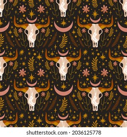 Bull skull skeleton western seamless pattern, for example print could be used for textile, t-shirt, yoga mat, pillow, phone case and more.