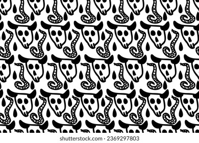 Bull skull and snake poison. Creepy, spooky, scary, deadly, evil Halloween.   Seamless vector pattern. Doodle.