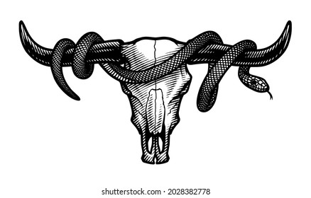 Bull skull and snake. T-shirt print design.