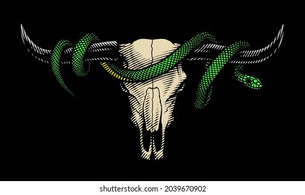 Bull skull and snake. T-shirt print design on a dark background.