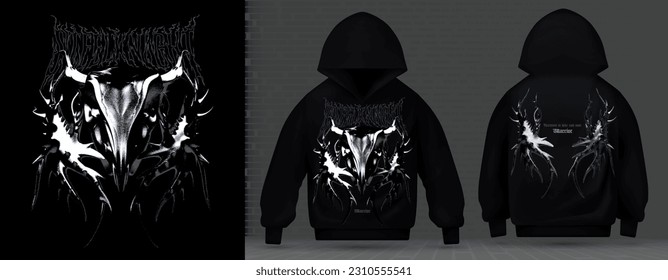 Bull skull and spikes, Modern collection of techno acid style noise prints, rave music 3d realistic psychedelic.Street art graffiti Print for clothes, on the layout of a sweatshirt hood vector