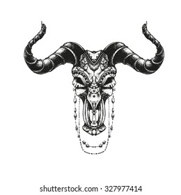 Bull skull with traditional ornaments. Hand drawn illustration