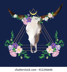 Bull skull triangle illustration, animal abstract. Skull with flowers, boho style
