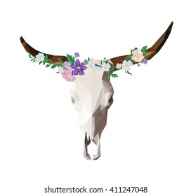 Bull skull triangle illustration, animal abstract. Skull with flowers, boho style
