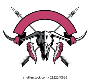 Bull skull vector image with the ribbon, feathers and two crossed arrows. Isolated on white background.