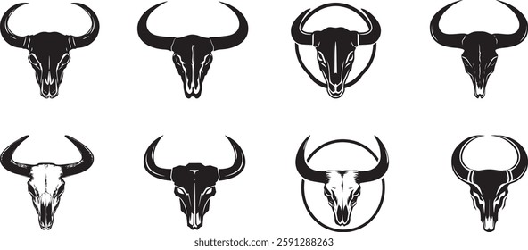 Bull Skull Vector Set, Black and White Isolated Illustration