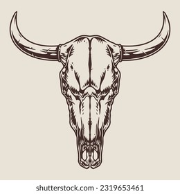 Bull skull vintage emblem monochrome with fragment wild cow skeleton with horns for rodeo event promotional product design vector illustration