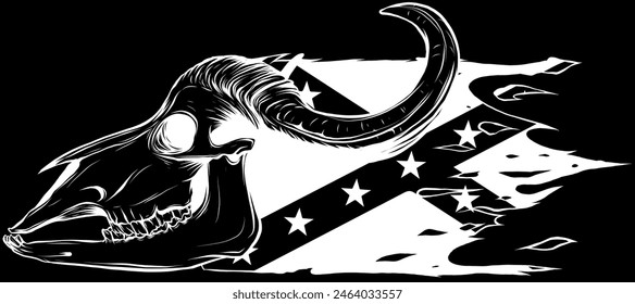 bull skull in white line on black background