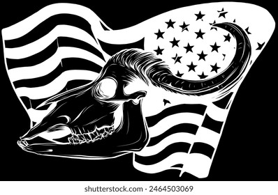 bull skull in white line on black background