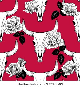 Bull skull and white roses on a red background. Vector seamless pattern