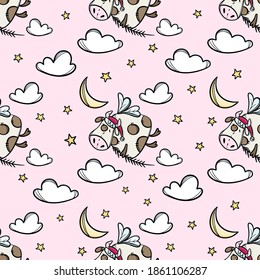 BULL IN THE SKY Cow In The Flight With Christmas Tree Branch New Year Cartoon Holiday Cute Animal Hand Drawn Seamless Pattern Vector Illustration For Print