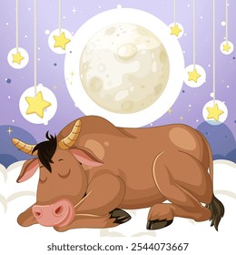 A bull sleeps peacefully beneath the glowing moon