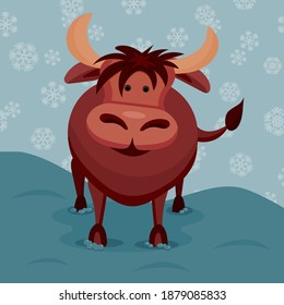 bull in the snow. Vector illustration of a bull on a snowy background. Bull for animation. Brown Cartoon Bull
