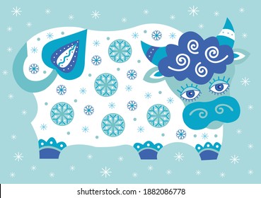 The bull is snowy ,white on a blue background. Postcard, poster, illustration.