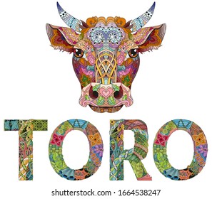 Bull in Spanish with bull head artwork illustration on the white background