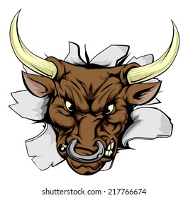 A bull sports mascot or character breaking out of the background or wall