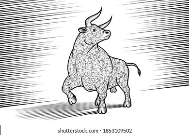 Bull is standing on background form hatching comic book lines. Ox has a frizzy curly wool. Taurus is a zodiac symbol of New Year 2021. Vector illustration in retro engraving black and white strokes.