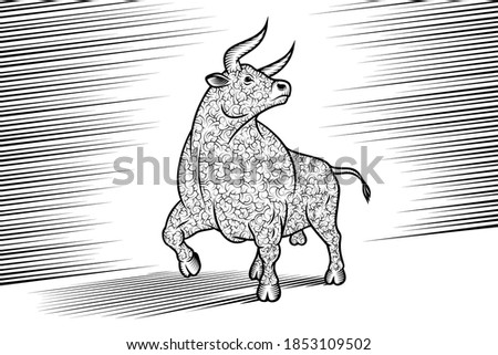 Bull is standing on background form hatching comic book lines. Ox has a frizzy curly wool. Taurus is a zodiac symbol of New Year 2021. Vector illustration in retro engraving black and white strokes.