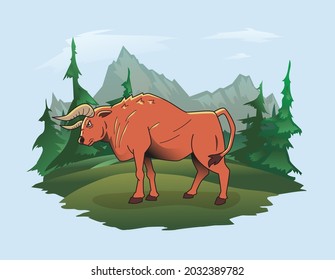 A bull standing on the background of a mountain landscape, vector illustration.