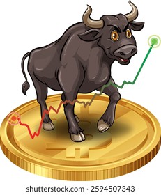 Bull standing on a rising cryptocurrency coin