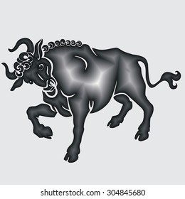 Bull standing. Vector grayscale image