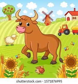 Bull stands on a field next to a hedgehog and a sheep. Vector illustration with farm and pets. The tractor is carrying hay.