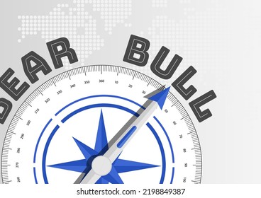 Bull stock market concept with compass pointing towards text. Moving from a Bear market to a booming Bull market.