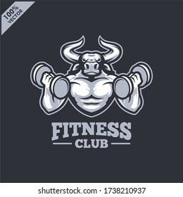 Bull with strong body, fitness club or gym logo. Design element for company logo, label, emblem, apparel or other merchandise. Scalable and editable Vector illustration