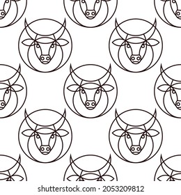 bull stylized logo in a circle. bull horned animal seamless vector background